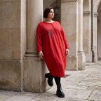 Altrotes French Terry Kleid in Ballonform mit Faltennahtmusterung und Seitentaschen