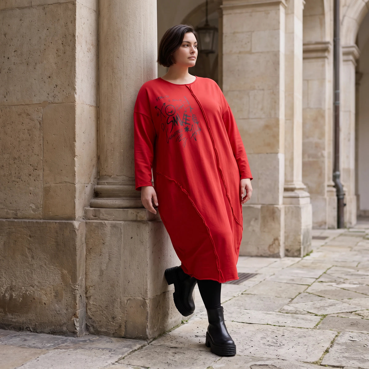 Altrotes French Terry Kleid in Ballonform mit Faltennahtmusterung und Seitentaschen