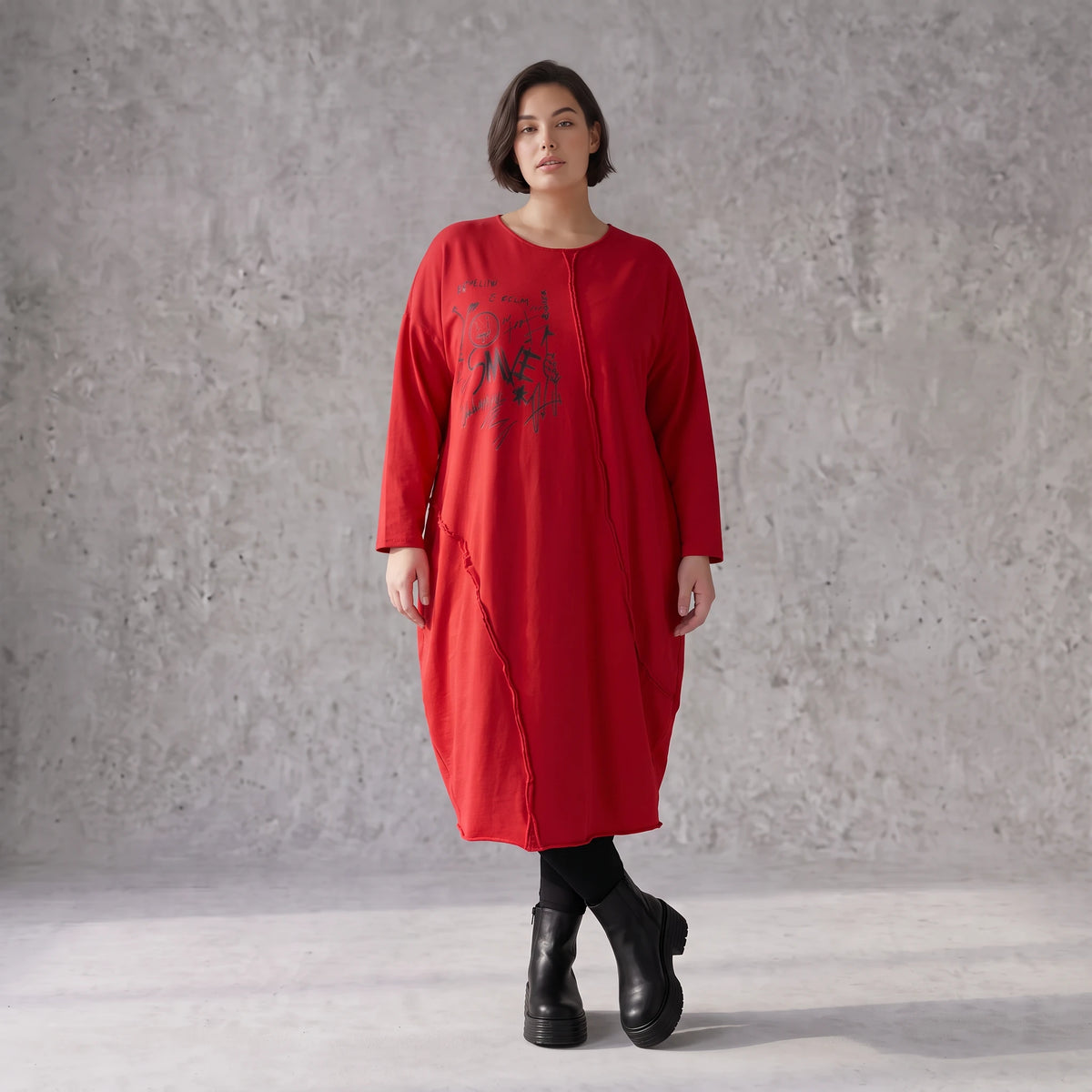 Altrotes French Terry Kleid in Ballonform mit Faltennahtmusterung und Seitentaschen