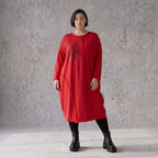 Altrotes French Terry Kleid in Ballonform mit Faltennahtmusterung und Seitentaschen