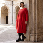 Altrotes French Terry Kleid in Ballonform mit Faltennahtmusterung und Seitentaschen