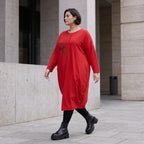 Altrotes French Terry Kleid in Ballonform mit Faltennahtmusterung und Seitentaschen