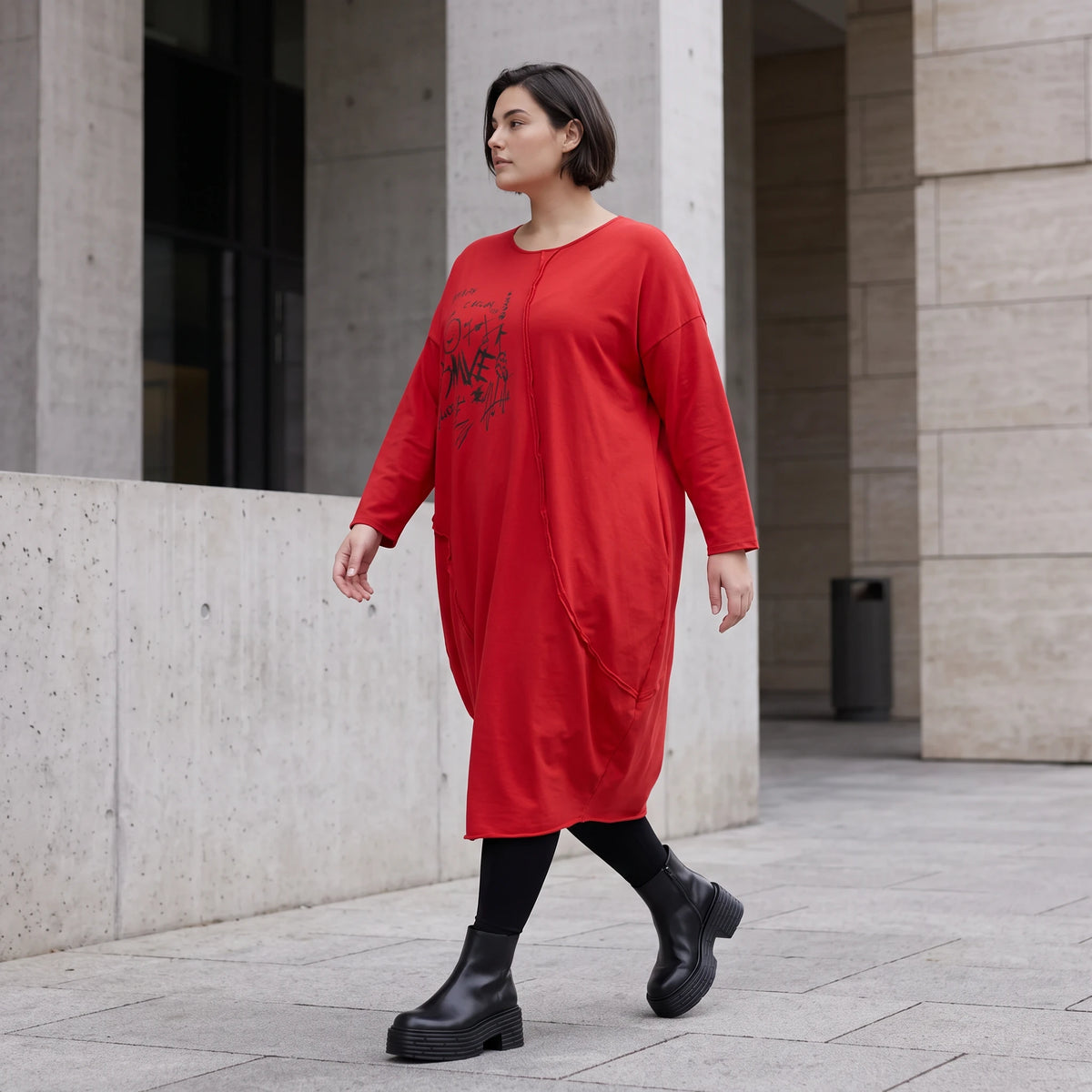 Altrotes French Terry Kleid in Ballonform mit Faltennahtmusterung und Seitentaschen