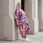 Satinshirt in Rose/Blau/Pink mit floralem Print in A-Linie fließend und weich fallend
