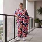 Satinshirt in Rose/Blau/Pink mit floralem Print in A-Linie fließend und weich fallend
