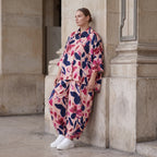 Satinbluse mit floralem Rose/Blau/Pink Print Hemdkragen Knopfleiste in gerundeter Form