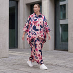 Satinbluse mit floralem Rose/Blau/Pink Print Hemdkragen Knopfleiste in gerundeter Form