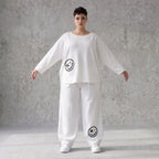 Oversizehose aus warmem French Terry mit Smileyprint gesmoktem Saum und Seitentaschen