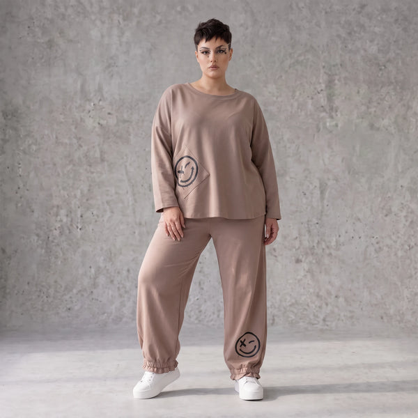 French-Terry Oversizedhose mit Smiley-Print gesmoktem Saum und Seitentaschen Streetstyle