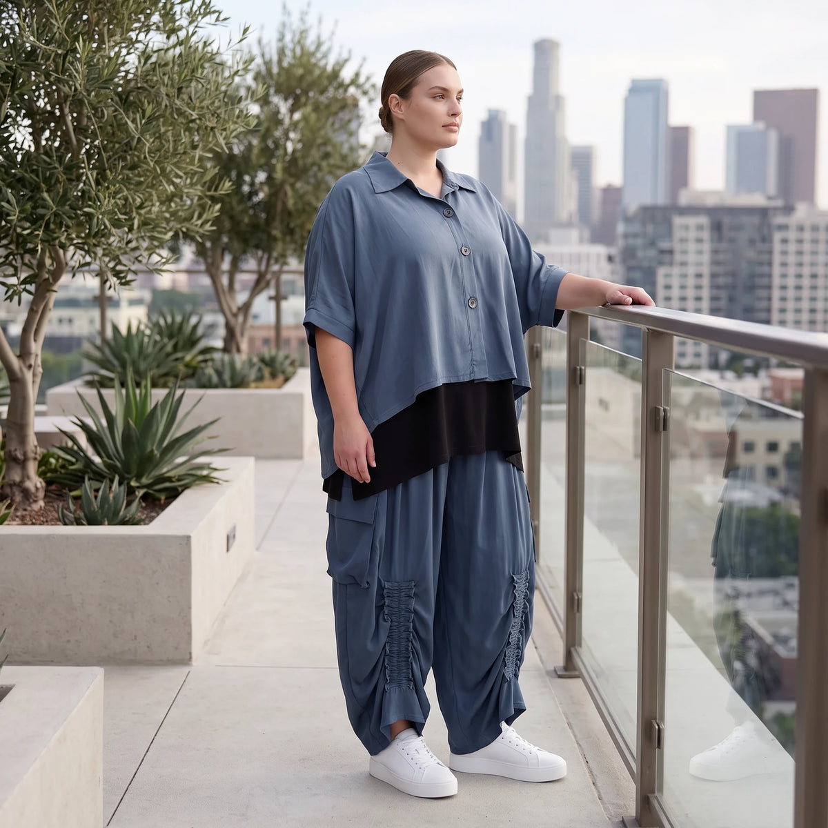 Petrol Bluse aus Lyocelltwill mit Hemdkragen Knopfleiste Rundsaum und 3/4-Arm leicht