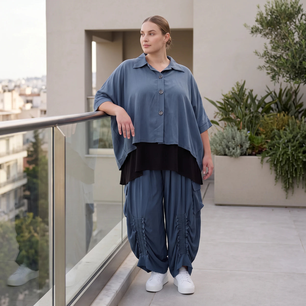 Petrol Bluse aus Lyocelltwill mit Hemdkragen Knopfleiste Rundsaum und 3/4-Arm leicht
