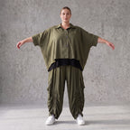 Khaki Lyocellbluse aus weichem Twill mit Hemdkragen gerundetem Schnitt und 3/4-Arm