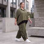 Khaki Lyocellbluse aus weichem Twill mit Hemdkragen gerundetem Schnitt und 3/4-Arm