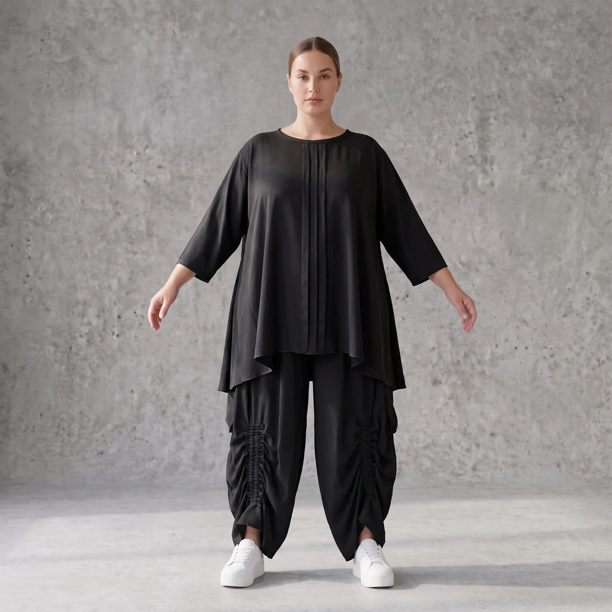 Lyocellshirt in A-Linie mit Biesenmuster zipfeligem Saum und 3/4-Arm weich fallend locker