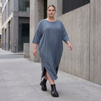 Petrolfarbenes Lyocelltwillkleid in A-Linie mit V-Ausschnitt und 3/4-Arm Seitentaschen