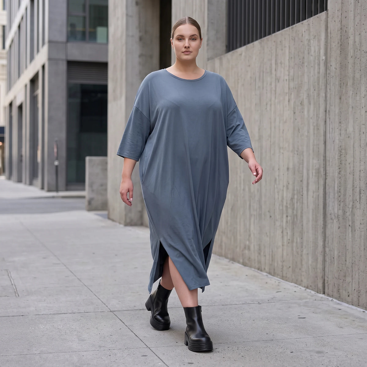 Petrolfarbenes Lyocelltwillkleid in A-Linie mit V-Ausschnitt und 3/4-Arm Seitentaschen