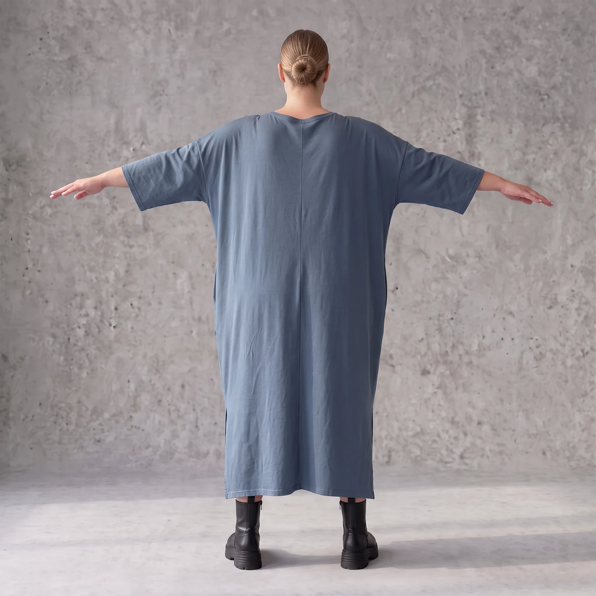 Petrolfarbenes Lyocelltwillkleid in A-Linie mit V-Ausschnitt und 3/4-Arm Seitentaschen