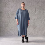 Petrolfarbenes Lyocelltwillkleid in A-Linie mit V-Ausschnitt und 3/4-Arm Seitentaschen