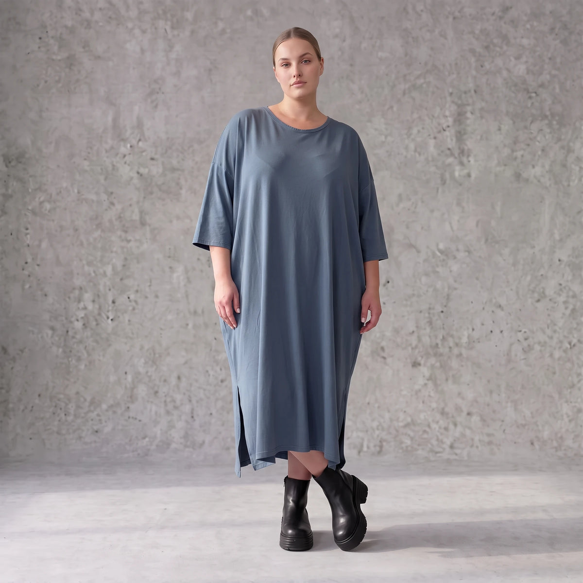 Petrolfarbenes Lyocelltwillkleid in A-Linie mit V-Ausschnitt und 3/4-Arm Seitentaschen