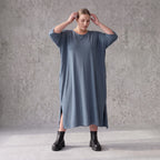 Petrolfarbenes Lyocelltwillkleid in A-Linie mit V-Ausschnitt und 3/4-Arm Seitentaschen