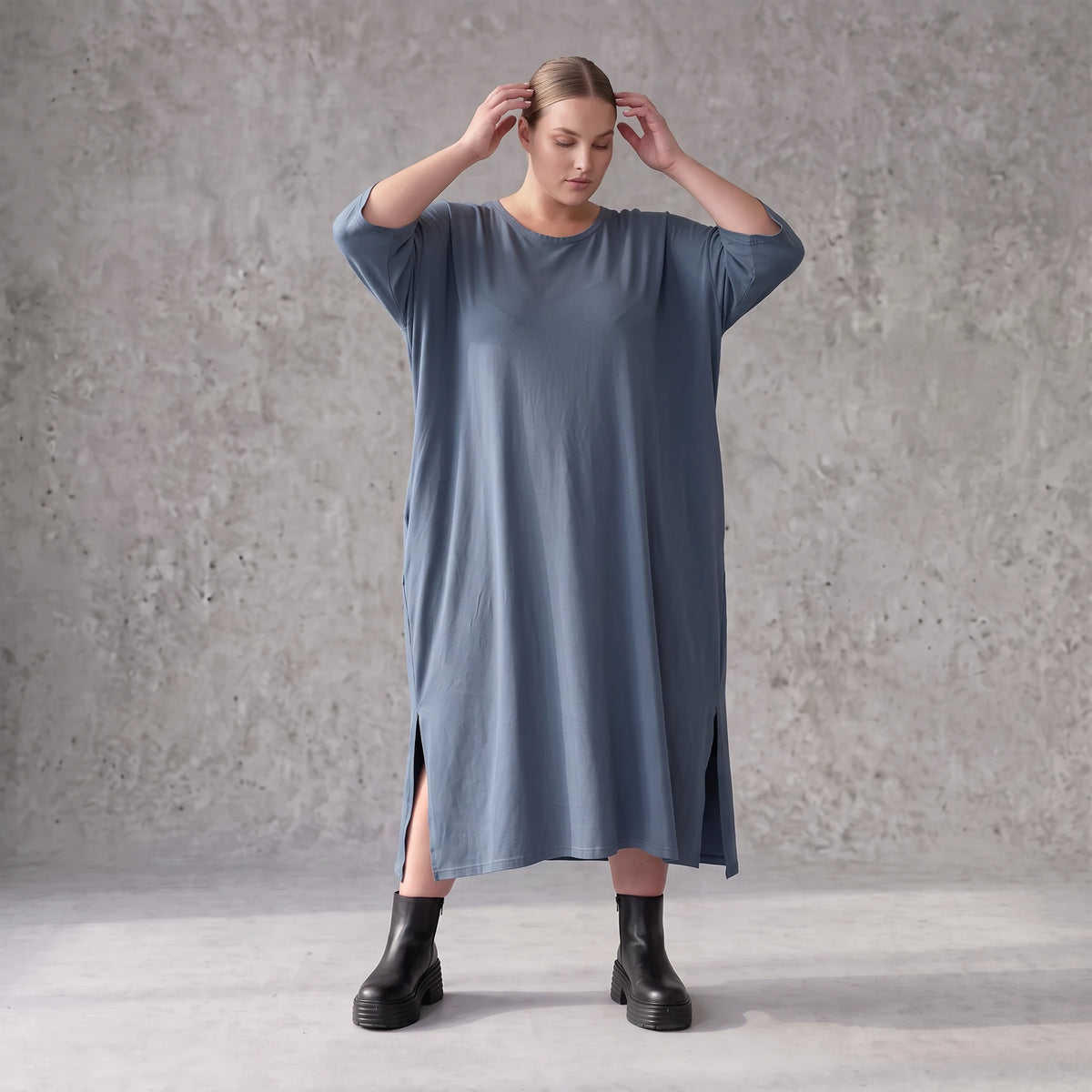 Petrolfarbenes Lyocelltwillkleid in A-Linie mit V-Ausschnitt und 3/4-Arm Seitentaschen