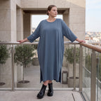 Petrolfarbenes Lyocelltwillkleid in A-Linie mit V-Ausschnitt und 3/4-Arm Seitentaschen