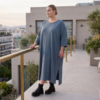 Petrolfarbenes Lyocelltwillkleid in A-Linie mit V-Ausschnitt und 3/4-Arm Seitentaschen