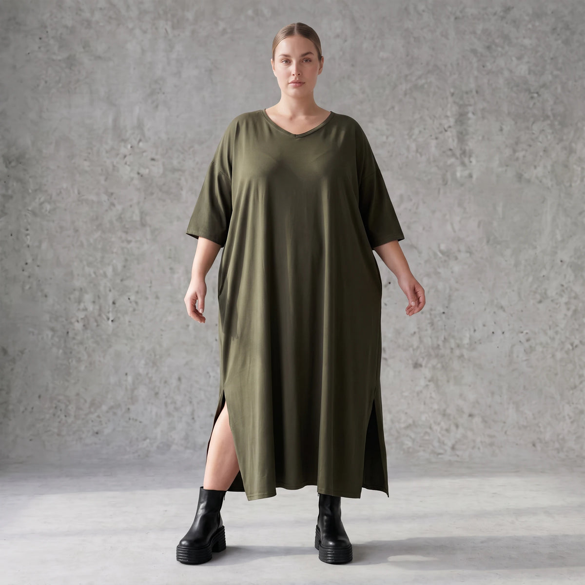 Khaki Lyocellkleid in A-Linie mit Rundhalsausschnitt und V-Ausschnitt mit Seitentaschen