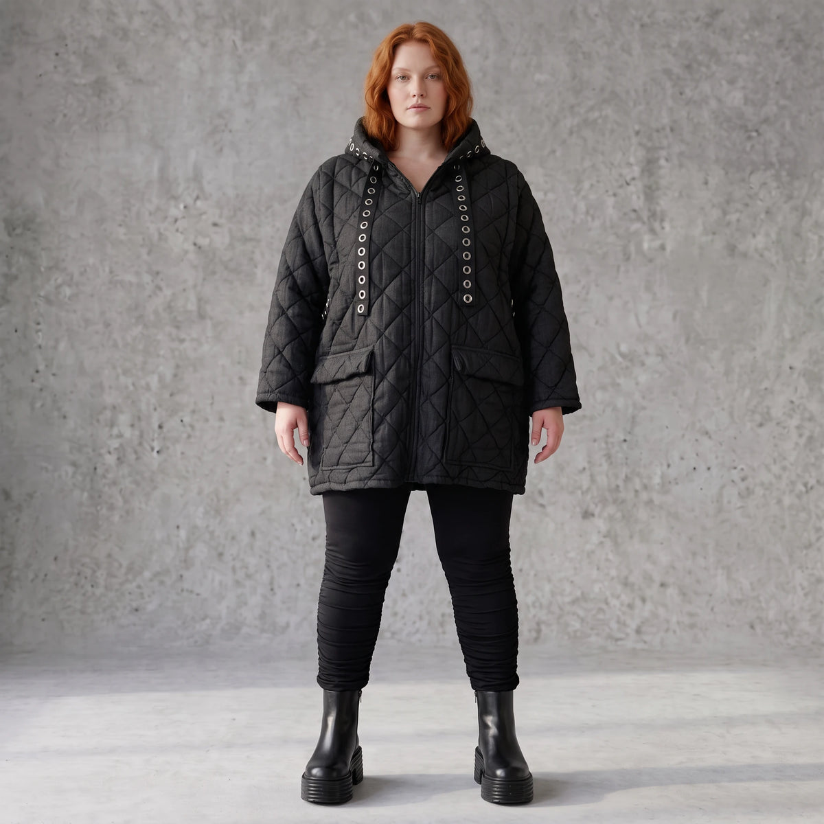Gefütterte schwarze Kapuzenjacke im Denimlook mit geradem Schnitt warme Winterjacke