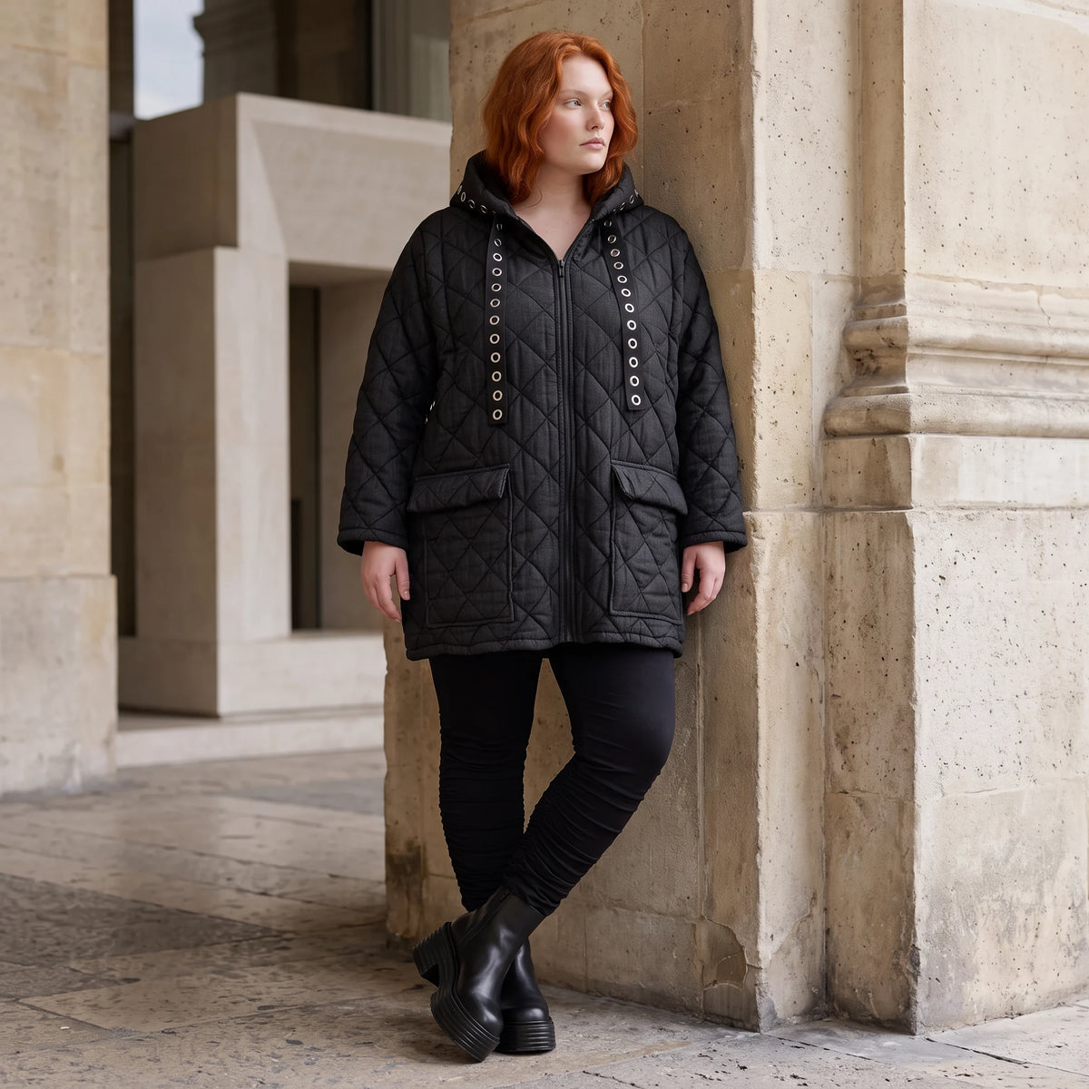 Gefütterte schwarze Kapuzenjacke im Denimlook mit geradem Schnitt warme Winterjacke