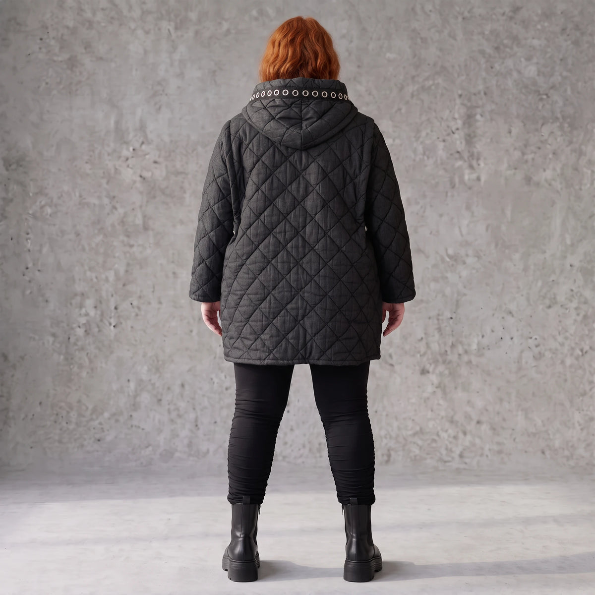 Gefütterte schwarze Kapuzenjacke im Denimlook mit geradem Schnitt warme Winterjacke