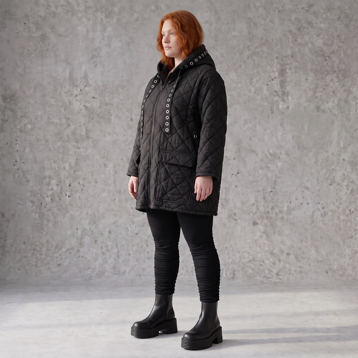 Gefütterte schwarze Kapuzenjacke im Denimlook mit geradem Schnitt warme Winterjacke