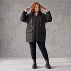 Gefütterte schwarze Kapuzenjacke im Denimlook mit geradem Schnitt warme Winterjacke