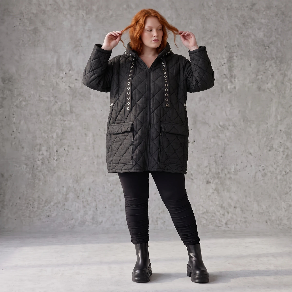 Gefütterte schwarze Kapuzenjacke im Denimlook mit geradem Schnitt warme Winterjacke