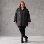 Gefütterte schwarze Kapuzenjacke im Denimlook mit geradem Schnitt warme Winterjacke