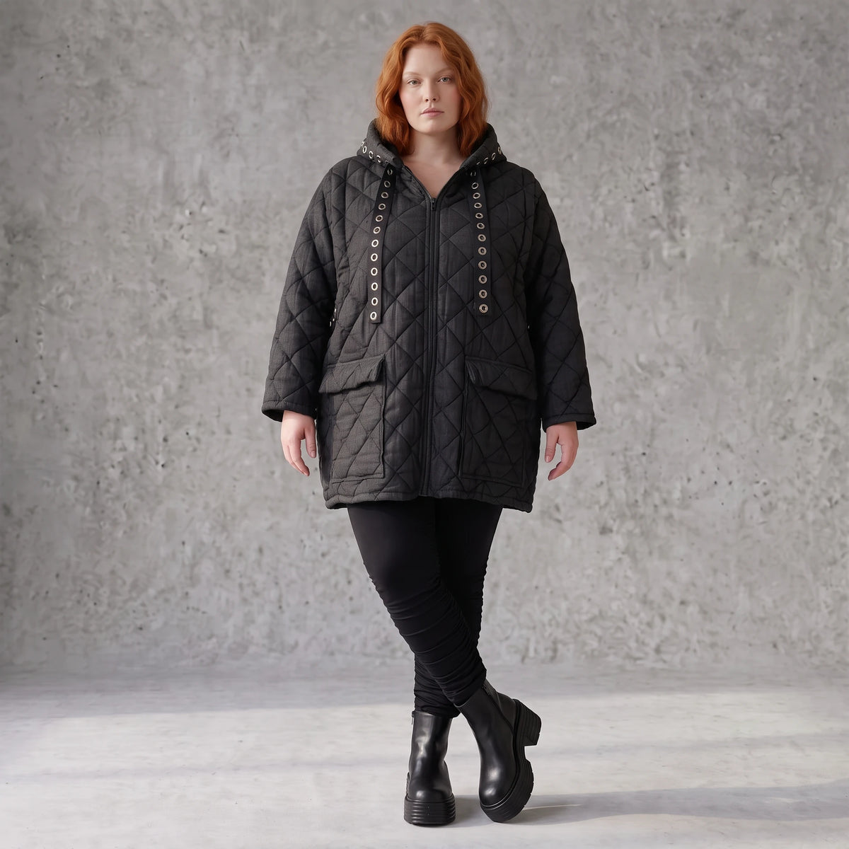 Gefütterte schwarze Kapuzenjacke im Denimlook mit geradem Schnitt warme Winterjacke