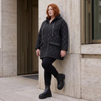 Gefütterte schwarze Kapuzenjacke im Denimlook mit geradem Schnitt warme Winterjacke