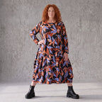 Weiches Romanitjerseykleid in Schwarz/Orange mit Ballonform Langarm Rundhalsausschnitt