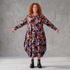 Weiches Romanitjerseykleid in Schwarz/Orange mit Ballonform Langarm Rundhalsausschnitt