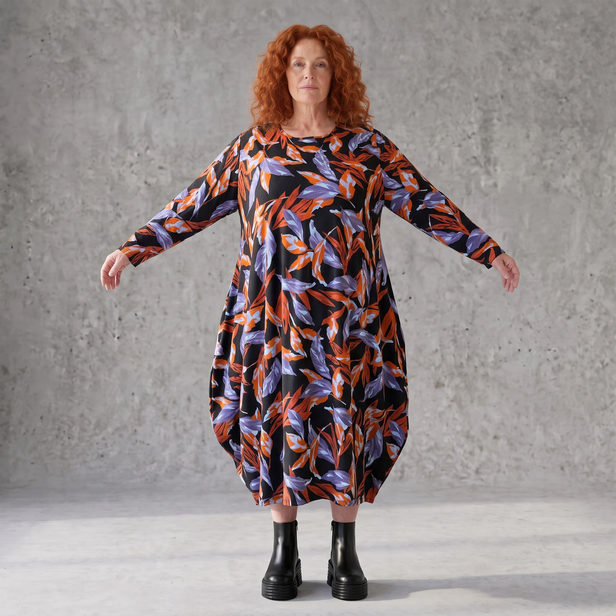 Weiches Romanitjerseykleid in Schwarz/Orange mit Ballonform Langarm Rundhalsausschnitt
