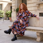 Weiches Romanitjerseykleid in Schwarz/Orange mit Ballonform Langarm Rundhalsausschnitt