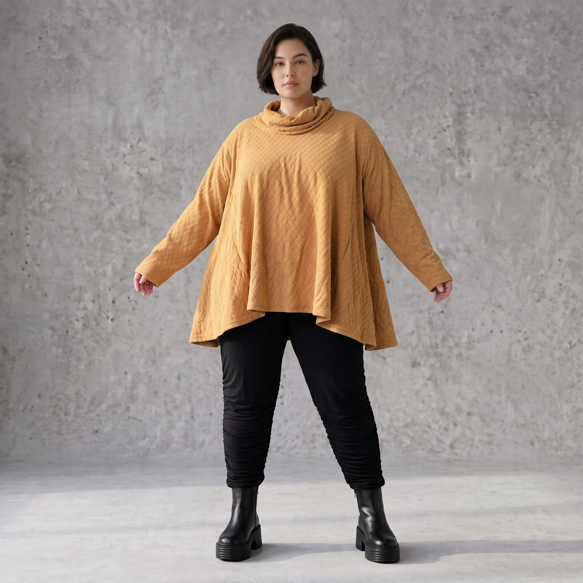 Kuscheliges Plüschshirt in Camel mit Rollkragen und schmeichelnder A-Linie Basic Look