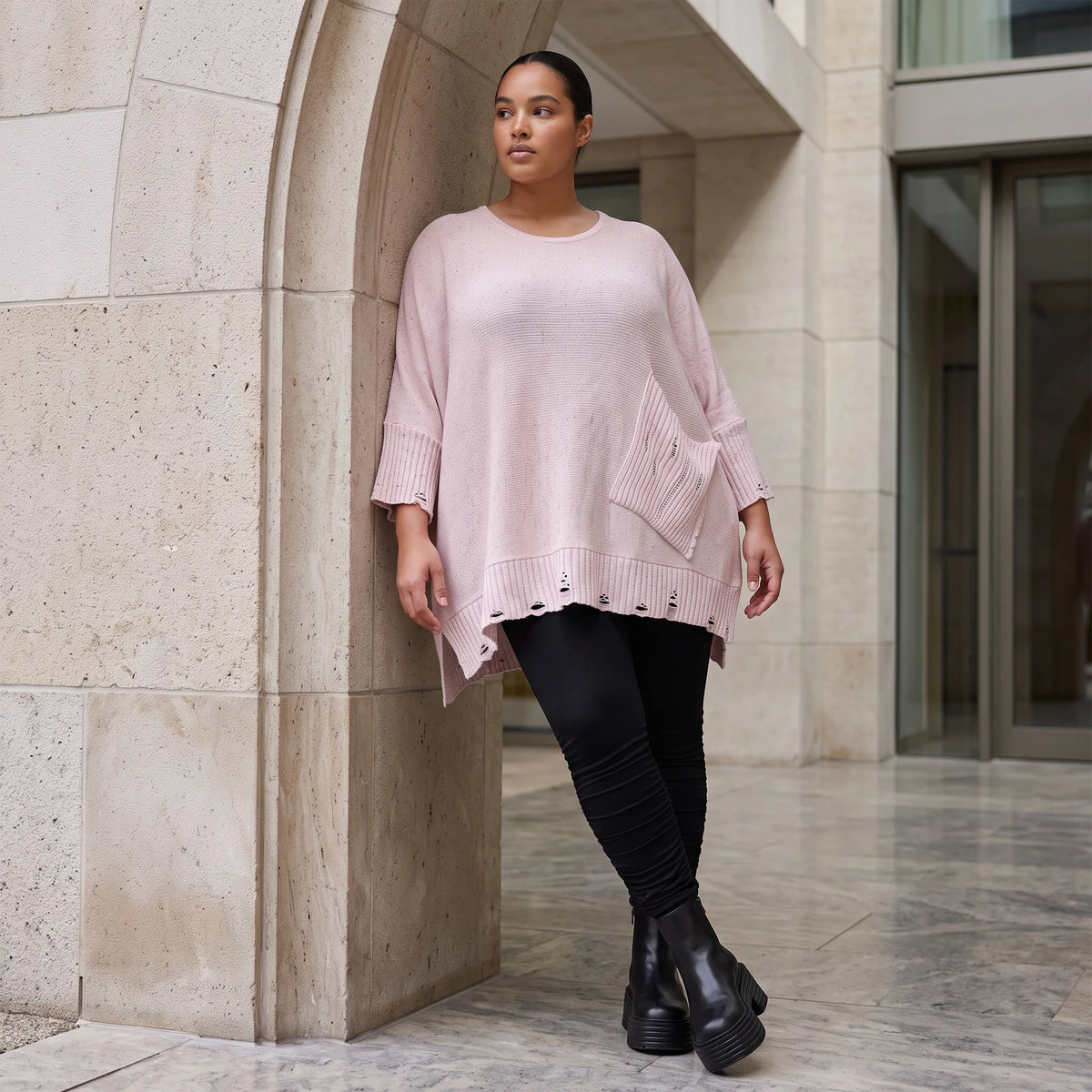Altrosa Strickshirt aus Baumwolle in A-Linie mit Destroyedoptik weich für Winterlooks