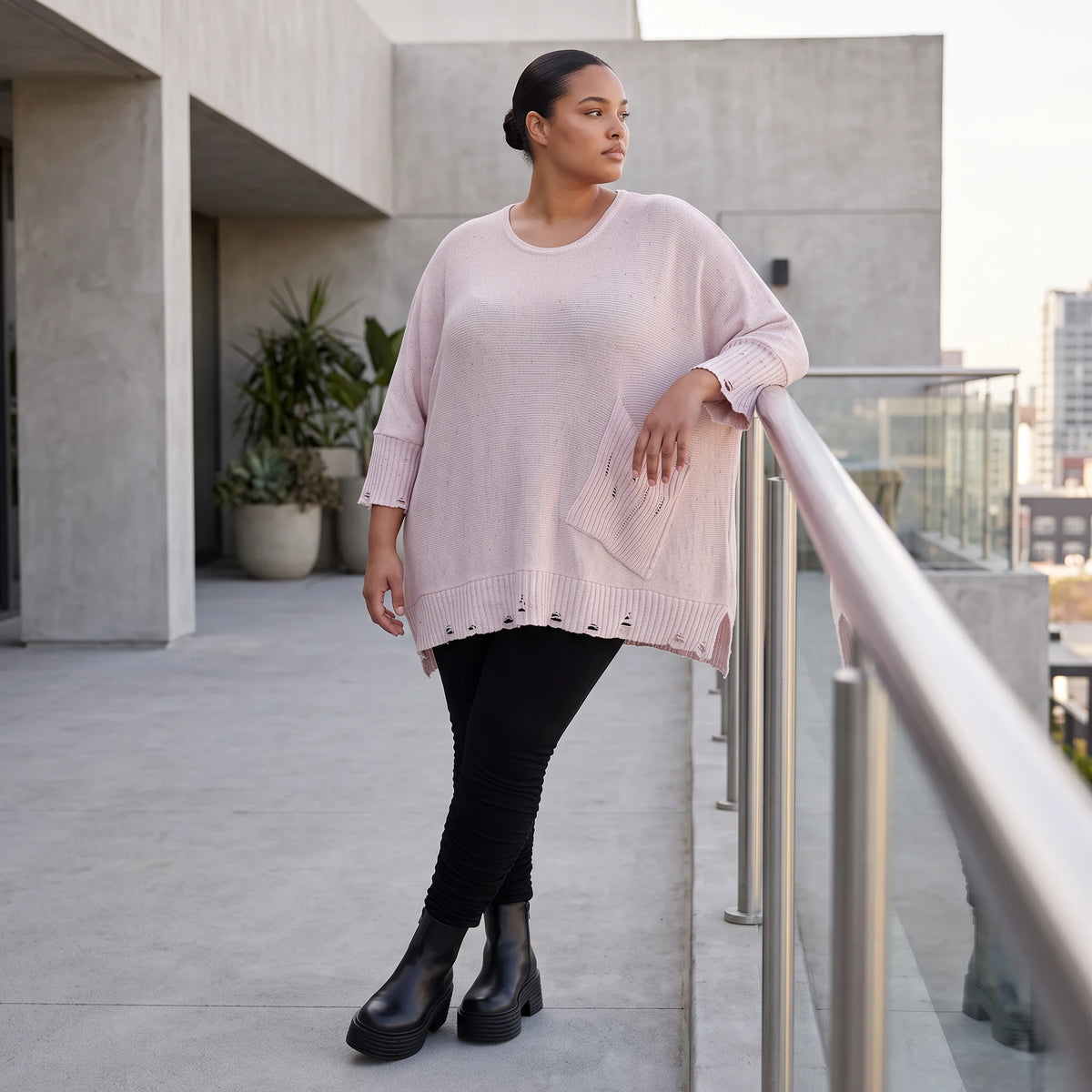 Altrosa Strickshirt aus Baumwolle in A-Linie mit Destroyedoptik weich für Winterlooks