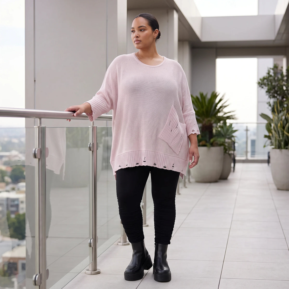 Altrosa Strickshirt aus Baumwolle in A-Linie mit Destroyedoptik weich für Winterlooks