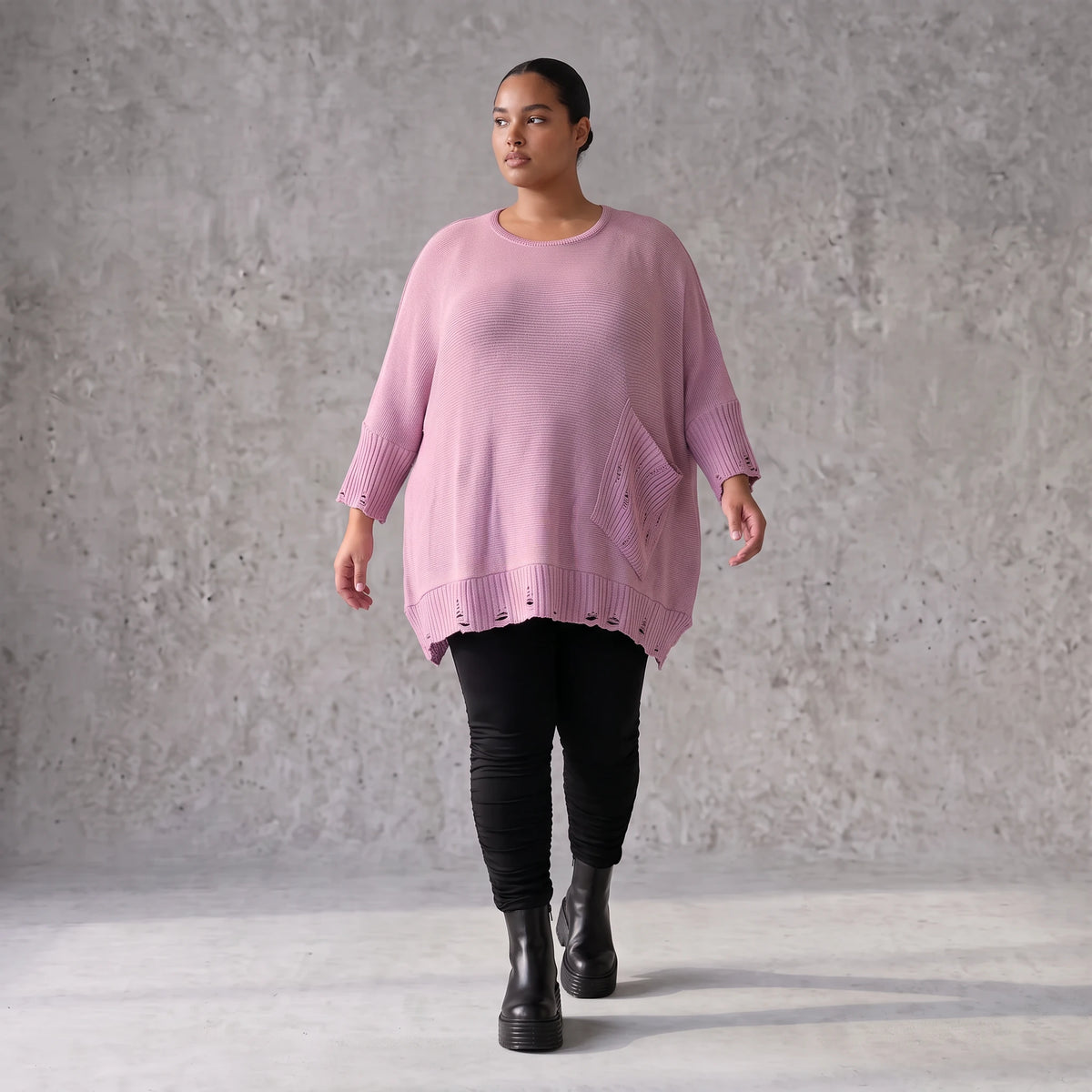 Flieder Strickshirt in A-Linie mit Destroyed-Optik kuschelig weich winterwarmes Basic