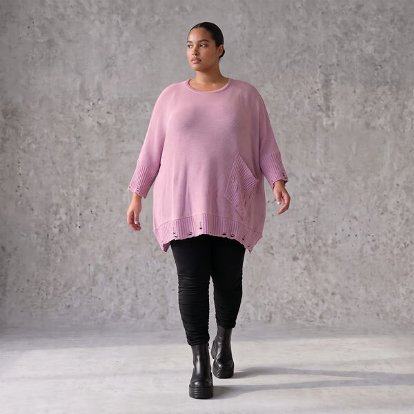 Flieder Strickshirt in A-Linie mit Destroyed-Optik kuschelig weich winterwarmes Basic