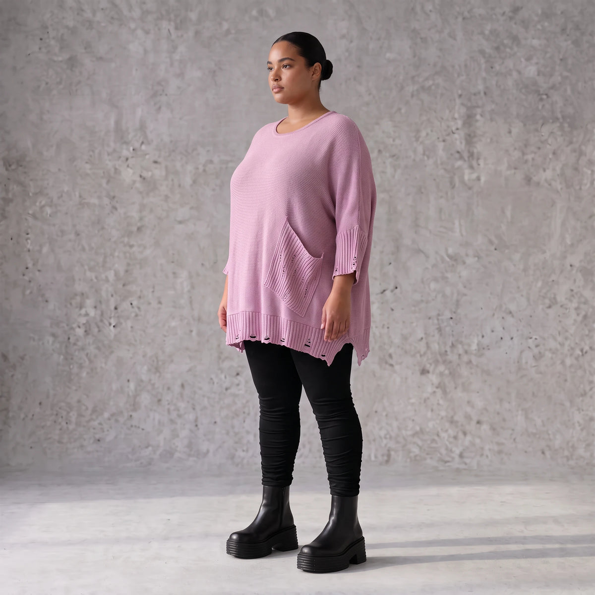 Flieder Strickshirt in A-Linie mit Destroyed-Optik kuschelig weich winterwarmes Basic