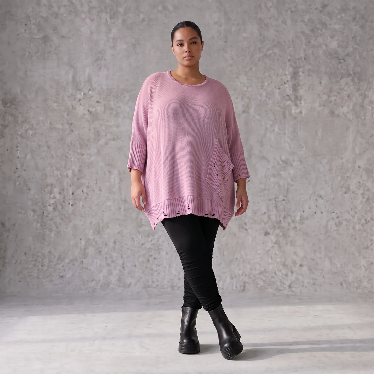 Flieder Strickshirt in A-Linie mit Destroyed-Optik kuschelig weich winterwarmes Basic