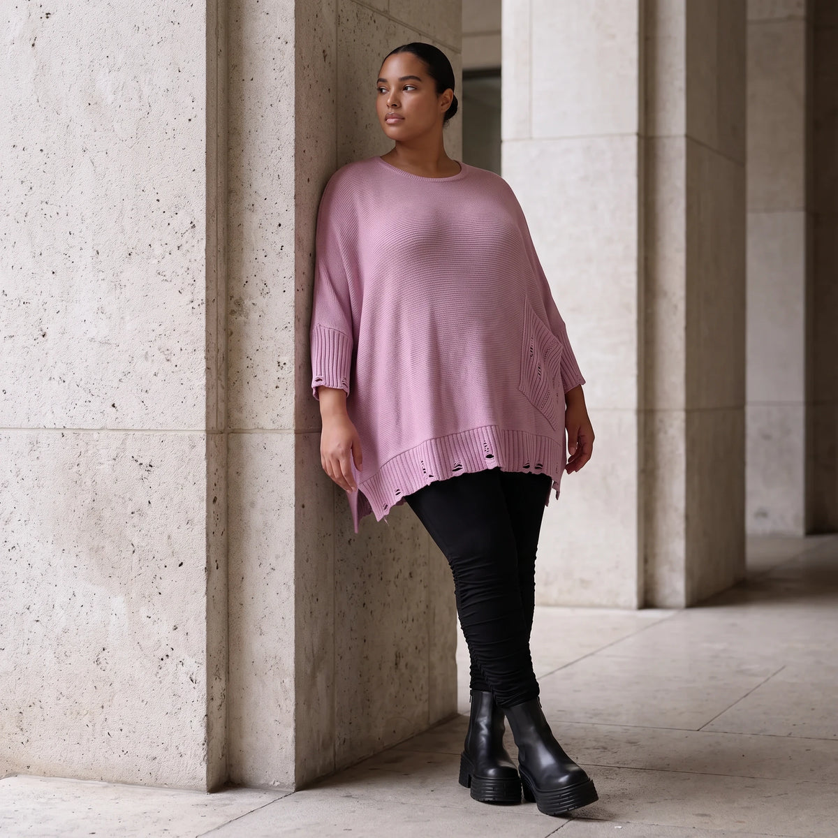 Flieder Strickshirt in A-Linie mit Destroyed-Optik kuschelig weich winterwarmes Basic